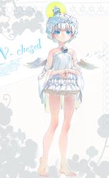 Rule 34 | 1girl, angel, angel wings, bare legs, bare shoulders, barefoot, bell, blue eyes, blush, choker, crown, dress, feathered wings, flower wreath, full body, head wreath, highres, jewelry, kaede (shijie heping), neck bell, original, own hands together, ring, short hair, sleeveless, sleeveless dress, smile, solo, white dress, white hair, white wings, wings