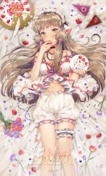 Rule 34 | 00s, 10s, 1girl, 2016, animal ears, babydoll, bad id, bad pixiv id, bare shoulders, bed sheet, bloomers, blueberry, blush, bouquet, breasts, bridal garter, brown hair, cake, cake slice, cat ears, chii, chobits, dangmill, eating, flower, food, frills, fruit, hairband, haurtie, head tilt, highres, holding, holding food, holding plate, jewelry, knife, lolita hairband, long hair, looking at viewer, looking up, lying, maid headdress, medium breasts, navel, necklace, on back, pearl necklace, plate, red ribbon, ribbon, sidelocks, solo, strap slip, strawberry, underwear, very long hair, yellow eyes