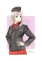 Rule 34 | 1girl, artist name, black hat, black jacket, blue eyes, commentary, dated, dress shirt, frown, garrison cap, girls und panzer, hands on own hips, hat, horikou, insignia, itsumi erika, jacket, kuromorimine military uniform, long sleeves, looking to the side, medium hair, military, military hat, military uniform, open mouth, outside border, pleated skirt, purple background, red shirt, red skirt, shirt, signature, silver hair, skirt, solo, standing, uniform, wing collar