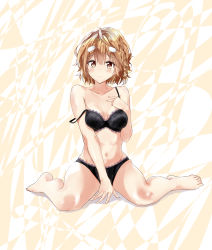 Rule 34 | 1girl, absurdres, arm support, barefoot, black bra, black panties, blush, bra, braid, breasts, brown eyes, brown hair, closed mouth, commentary, frown, fujisaki ribbon, full body, hair ornament, hand on own chest, highres, koiwai yoshino, lace, lace-trimmed bra, lace-trimmed panties, lace trim, legs, lips, looking at viewer, masamune-kun no revenge, medium breasts, navel, panties, short hair, sitting, solo, strap slip, tearing up, underwear, wariza, yellow background