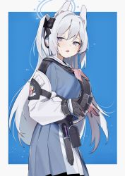 Rule 34 | 1girl, armband, belt, blue archive, breasts, commentary, gloves, hair ornament, halo, highres, hufy, looking to the side, medium breasts, miyako (blue archive), purple eyes, ribbon, school uniform, silver hair, simple background, sweat, tactical clothes