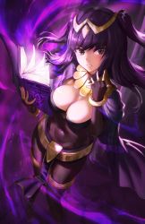 Rule 34 | 1girl, athenawyrm, belt, black cape, black gloves, black hair, blush, bodystocking, book, breasts, cape, circlet, cleavage, covered navel, elbow gloves, fire emblem, fire emblem awakening, foreshortening, gloves, glowing, green eyes, holding, holding book, jewelry, loincloth, long hair, looking at viewer, looking up, magic, medium breasts, neck ring, nintendo, open book, parted lips, signature, skin tight, smile, solo, standing, tharja (fire emblem), thigh strap, two side up