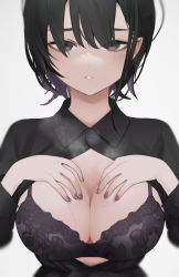 Rule 34 | 1girl, black bra, black eyes, black hair, bra, breasts, cleavage, collared shirt, commentary request, expressionless, floral print, hands on own chest, large breasts, long sleeves, looking at viewer, migihidari (puwako), multicolored hair, nail polish, open clothes, open shirt, original, parted lips, print bra, purple bra, purple hair, purple nails, shirt, solo, steaming body, sweat, two-tone hair, unbuttoned, unbuttoned shirt, underwear, upper body
