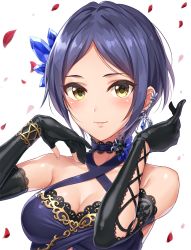 Rule 34 | 1girl, bad id, bad pixiv id, bare shoulders, black gloves, blue dress, blue hair, blush, bracelet, breasts, choker, cleavage, criss-cross halter, dress, earrings, elbow gloves, gloves, hair ornament, halterneck, hands up, hayami kanade, highres, idolmaster, idolmaster cinderella girls, idolmaster cinderella girls starlight stage, jewelry, lace, lace-trimmed dress, lace-trimmed gloves, lace trim, looking at viewer, medium breasts, parted bangs, petals, rose petals, short hair, simple background, smile, solo, white background, yellow eyes, yuuhi (ages)