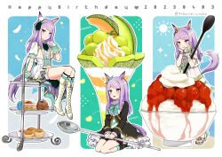 Rule 34 | 1girl, anbutter siruko, animal ears, aqua bow, barefoot, blush, boots, bow, bread, cake, closed mouth, dated, food, fruit, gloves, happy birthday, hat, high heel boots, high heels, highres, holding, holding spoon, horse ears, horse girl, horse tail, knee boots, light purple hair, long hair, long sleeves, mejiro mcqueen (end of sky) (umamusume), mejiro mcqueen (ripple fairlady) (umamusume), mejiro mcqueen (umamusume), melon, mini hat, mini top hat, multiple views, navel, open mouth, oversized object, parfait, purple eyes, short sleeves, smile, spoon, strawberry shortcake, tail, top hat, twitter username, umamusume, white footwear, white gloves, white headwear