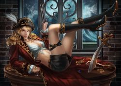 Rule 34 | 1girl, alcohol, arm support, bangle, bicorne, black footwear, blonde hair, boots, bracelet, breasts, brick, brick wall, brown eyes, claw (weapon), coin, collarbone, cup, drinking glass, earrings, epaulettes, fingernails, frilled sleeves, frills, front-tie top, full body, gem, gold, hat, hat feather, high heel boots, high heels, indoors, jacket, jewelry, knee boots, legs up, lips, lipstick, long sleeves, looking at viewer, makeup, muxia yue nai, nail polish, navel, necklace, on table, open clothes, open jacket, original, parted lips, pearl (gemstone), pearl necklace, pirate, pirate hat, reclining, red jacket, red lips, red nails, ring, scimitar, shorts, smile, solo, stud earrings, swept bangs, sword, table, thigh strap, unworn jewelry, wavy hair, weapon, window, wine, wine glass