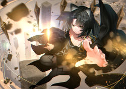Rule 34 | 1girl, animal ears, arknights, bare shoulders, black dress, black eyes, black hair, black thighhighs, cat ears, commentary request, dress, grin, hair ornament, highres, long sleeves, looking at viewer, mandragora (arknights), myria (7855), off-shoulder dress, off shoulder, originium arts (arknights), short hair, smile, solo, thighhighs