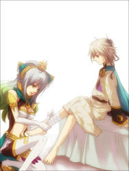 Rule 34 | 1boy, 1girl, barefoot, blonde hair, cape, expressionless, long sleeves, musou orochi, musou orochi 2, nu wa, shaded face, short hair, silver hair, simple background, sitting, table, taigong wang, toes, uniform, white background