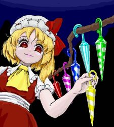 Rule 34 | 1girl, alternate wings, ascot, black background, blonde hair, blue background, bow, closed mouth, cowboy shot, dark background, flandre scarlet, gussy kentarou, hat, hat bow, hat ribbon, light smile, looking at viewer, medium hair, mob cap, multicolored wings, one side up, puffy short sleeves, puffy sleeves, red bow, red eyes, red ribbon, red skirt, red vest, ribbon, shirt, short sleeves, simple background, skirt, solo, touhou, valentine, vest, white background, white shirt, wings, yellow ascot