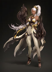 Rule 34 | 1girl, absurdres, dress, fantasy, full body, gauntlets, gold trim, gradient background, grey background, hair ornament, high ponytail, highres, lizchief, long hair, looking at viewer, original, simple background, solo, standing, tree print, very long hair, white dress, white hair, yellow eyes
