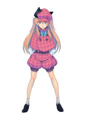 Rule 34 | 1girl, bow, brown hair, deerstalker, full body, hat, highres, legs apart, loafers, long hair, long sleeves, looking at viewer, official art, philipa vance, puffy pants, shirayuri shintaisou-bu, shoes, simple background, solo, toys drive, white background, wide stance