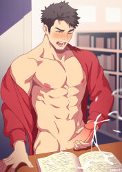 Rule 34 | 1boy, abs, absurdres, artist name, bara, bare pectorals, black eyes, black hair, blurry, blurry background, blush, book, bookshelf, bottomless, collarbone, cum, desk, ejaculation, erection, highres, indoors, jacket, large pectorals, large penis, library, long sleeves, looking at penis, looking down, male focus, male masturbation, masturbation, muscular, muscular male, naked jacket, navel, nipples, off shoulder, one eye closed, open book, open clothes, open jacket, open mouth, orgasm, original, pectorals, penis, projectile cum, public indecency, public nudity, red jacket, short hair, sideburns, single bare shoulder, solo, standing, teeth, tongue, uncensored, zhadoiz