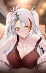 Rule 34 | antenna hair, artist name, azur lane, bare arms, bare shoulders, blurry, blurry background, breasts, breath, collarbone, cum, cum on body, cum on breasts, cum on upper body, dress, ejaculation, grey hair, highres, large breasts, licking lips, long hair, looking at viewer, multicolored hair, off shoulder, omino hoku, paizuri, paizuri under clothes, pov, prinz eugen (azur lane), sleeveless, sleeveless dress, smile, solo focus, streaked hair, swept bangs, tongue, tongue out, twintails, two side up, upper body, white hair, yellow eyes