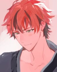 Rule 34 | 1boy, black hair, blush, closed mouth, commentary, ear piercing, earrings, ensemble stars!, green eyes, jewelry, kiryu kuro, kuzuvine, male focus, multicolored hair, piercing, portrait, red hair, solo, streaked hair, symbol-only commentary, two-tone hair