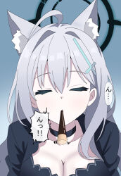 animal_ear_fluff animal_ears black_choker black_dress black_halo blue_archive broken_halo choker cross cross_hair_ornament dark_halo dress extra_ears food gallve_mk2 grey_hair hair_ornament halo highres inverted_cross pocky pocky_kiss shared_food shiroko_(blue_archive) shiroko_terror_(blue_archive) translation_request wolf_ears wolf_girl