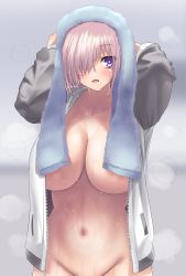 Rule 34 | 1girl, arms up, blush, bottomless, breasts, fate/grand order, fate (series), gachou, grey jacket, hair over one eye, highres, huge breasts, jacket, light purple hair, long sleeves, looking at viewer, mash kyrielight, navel, no panties, open clothes, open jacket, open mouth, out-of-frame censoring, purple eyes, short hair, solo, standing, towel, towel on head, towel over breasts, wet