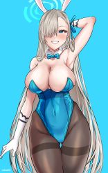 Rule 34 | 1girl, absurdres, aiuti, animal ears, aqua background, arm behind head, asuna (blue archive), asuna (bunny) (blue archive), black pantyhose, blue archive, blue bow, blue bowtie, blue eyes, blue leotard, bow, bowtie, breasts, cleavage, covered navel, cowboy shot, detached collar, fake animal ears, gloves, gluteal fold, grin, hair over one eye, halo, highleg, highleg leotard, highres, large breasts, leotard, light brown hair, mole, mole on breast, pantyhose, playboy bunny, rabbit ears, smile, solo, strapless, strapless leotard, thighband pantyhose, traditional bowtie, white gloves
