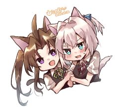Rule 34 | 2girls, animal ears, black vest, blue eyes, blush, brown hair, buttons, cat ears, cat tail, collared shirt, green ribbon, hair between eyes, kagerou (kancolle), kantai collection, long hair, multiple girls, open mouth, pink hair, ponytail, purple eyes, red ribbon, ribbon, shiranui (kancolle), shirt, short hair, short sleeves, simple background, smile, tail, twintails, u yuz xx, upper body, vest, white background, white shirt