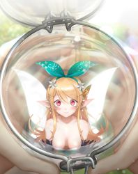 Rule 34 | 1girl, 1other, absurdres, bare shoulders, blonde hair, bow, breasts, cleavage, downblouse, elbow gloves, fairy, flower, gloves, hair bow, hair flower, hair ornament, hairclip, highres, jar, long hair, medium breasts, mini person, minigirl, nelly (altsarespicy), nijisanji, nijisanji en, no bra, pointy ears, pomu rainpuff, red eyes, solo focus, topless, virtual youtuber, wings