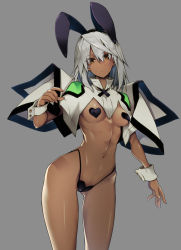 Rule 34 | 10mo, 1girl, :&lt;, adapted costume, animal ears, black panties, breasts, brown eyes, capelet, contrapposto, covered erect nipples, cuffs, dark-skinned female, dark skin, fake animal ears, grey background, guilty gear, guilty gear xrd, heart pasties, highleg, highleg panties, highres, looking at viewer, medium breasts, medium hair, micro panties, navel, panties, pasties, rabbit ears, ramlethal valentine, silver hair, simple background, solo, standing, stomach, toned, underwear, wrist cuffs