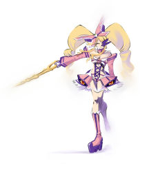 Rule 34 | 10s, 1girl, alternate costume, big hair, blonde hair, boots, bow, breasts, cleavage, detached collar, detached sleeves, drill hair, eyepatch, gloves, harime nui, highres, kamui (kill la kill), kill la kill, knee boots, long hair, muwa, needle, oversized object, pink bow, pink footwear, platform footwear, see-through, sewing needle, smile, solo, twin drills, twintails, weapon, alternate universe, white gloves