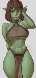 Rule 34 | 1girl, abs, absurdres, adjusting hair, arm behind back, blue eyes, breasts, brown hair, choker, closed mouth, collarbone, colored skin, female orc, green skin, grey background, highres, loincloth, looking at viewer, m4rjinn, navel, o-ring, orc, original, pointy ears, short hair, signature, simple background, solo, toned, tusks, underboob