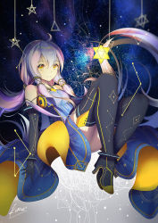 Rule 34 | 1girl, artist name, black footwear, black gloves, black thighhighs, blue dress, blue hair, boots, breasts, closed mouth, constellation print, dress, elbow gloves, gloves, hair between eyes, hexagram, high heel boots, high heels, long hair, looking at viewer, medium breasts, multicolored hair, purple hair, signature, sky, smile, solo, star (sky), star (symbol), starry sky, thighhighs, triangle, vocaloid, vocanese, xiaosan ye, xingchen, yellow eyes