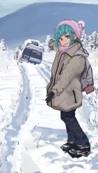 Rule 34 | 1girl, backpack, bag, black pants, blue eyes, blue hair, boots, casual, day, forest, grey background, highres, jacket, landscape, nature, open mouth, outdoors, pants, pink scarf, plant, pointing, sasha (servachok), scarf, scenery, servachok, short hair, sky, solo, tree