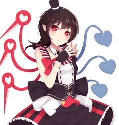Rule 34 | 1girl, alternate costume, asymmetrical wings, bad id, bad twitter id, black hair, blush, corset, cosplay, detached collar, dress, fingers together, hat, head tilt, heart, heart-shaped pupils, hojo sophy (cosplay), hojo sophy, houjuu nue, igayan, layered dress, looking at viewer, mini hat, mini top hat, name connection, open mouth, pointy ears, pretty series, pripara, red eyes, ribbon, short hair, simple background, sleeveless, solo, steepled fingers, symbol-shaped pupils, top hat, touhou, white background, wings