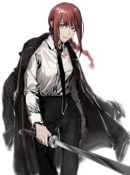 Rule 34 | 1girl, black jacket, black necktie, black pants, braid, braided ponytail, breasts, brown hair, business suit, chainsaw man, collared shirt, expressionless, formal, high-waist pants, holding, holding sword, holding weapon, jacket, jacket on shoulders, unworn jacket, long hair, long sleeves, looking at viewer, makima (chainsaw man), medium breasts, mingyue 0, necktie, pants, ringed eyes, serious, shirt, shirt tucked in, solo, suit, sword, weapon, white background, white shirt, yellow eyes