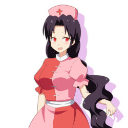 Rule 34 | 1girl, :d, alternate color, black hair, blush, breasts, cato (monocatienus), color switch, cosplay, dress, hat, houraisan kaguya, houraisan kaguya (cosplay), inaba tewi (cosplay), large breasts, long hair, looking at viewer, open mouth, red eyes, sash, simple background, smile, solo, touhou, very long hair, wavy hair, yagokoro eirin