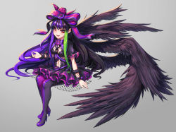 Rule 34 | 1girl, black hair, black wings, bow, destiny child, dress, fangs, female focus, frilled dress, frills, green highlight, grey background, hair ribbon, highres, looking at viewer, multicolored hair, pink bow, purple hair, red eyes, ribbon, semele (destiny child), wings, yong jin jeon