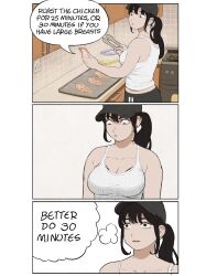Rule 34 | 1girl, 3koma, baseball cap, black hair, breasts, cellphone, comic, cooking, english text, giganticbuddha, hat, highres, holding, holding phone, holding tongs, kitchen, large breasts, looking at breasts, looking down, original, phone, ponytail, solo, tank top, thinking, tongs