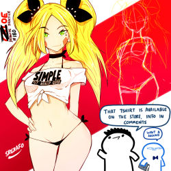 Rule 34 | 1girl, 2others, arm behind back, artist self-insert, black bow, black choker, black panties, blonde hair, bow, breasts, chibi, chibi inset, choker, clothes writing, contrapposto, crop top, english text, facial mark, front-tie top, green eyes, hair bow, hand on own hip, light smile, looking at viewer, lowleg, lowleg panties, micro panties, mole, mole under eye, multiple others, navel, original, panties, parted bangs, pussy, pussy peek, side-tie panties, slit pupils, small breasts, solo, srgrafo, standing, twintails, underwear, zoe (srgrafo)