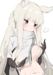 Rule 34 | ..., 1girl, animal ear fluff, animal ears, arknights, artist request, breasts, cowboy shot, female focus, large breasts, navel, one breast out, platinum (arknights), simple background, solo, speech bubble, white background, white hair