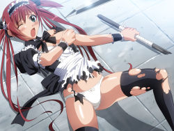 Rule 34 | airi (queen&#039;s blade), black legwear, blush, green eyes, lying, maid, on back, open mouth, panties, queen&#039;s blade, red hair, ss-brain, thighhighs, torn clothes, twintails, underwear, white panties, wince, wink