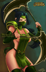 Rule 34 | 1girl, akali, akali (legacy), apron, breasts, fingerless gloves, gloves, green eyes, kama (weapon), kyoffie, large breasts, league of legends, mask, naked apron, ninja, ponytail, sickle, sideboob, solo, thighhighs, weapon