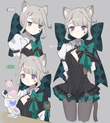 Rule 34 | 1girl, animal ears, arms behind back, back bow, battery indicator, black dress, black pantyhose, bow, breasts, cat ears, cat girl, cat tail, closed mouth, commentary request, cowboy shot, cropped legs, cropped torso, dot mouth, dress, eating, facial mark, food, genshin impact, gloves, green bow, grey background, grey hair, highres, holding own arm, ice cream, large bow, long hair, long sleeves, looking at viewer, lynette (genshin impact), minahoshi37, multiple views, pantyhose, purple eyes, sangonomiya kokomi, short dress, sidelocks, simple background, small breasts, standing, star (symbol), straight-on, sundae, tail, twitter username, upper body, watermark