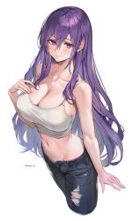 Rule 34 | 1girl, arm at side, bare arms, bare shoulders, breasts, camisole, cleavage, closed mouth, crop top, cropped legs, denim, from above, hair between eyes, hand up, highres, jeans, large breasts, long hair, midriff, navel, original, pants, purple eyes, purple hair, sidelocks, simple background, solo, stomach, torn clothes, torn jeans, torn pants, twitter username, watao, white background, white camisole