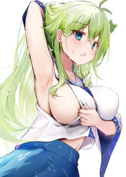 Rule 34 | 1girl, ahoge, armpits, bare shoulders, blue eyes, blue skirt, blush, breasts, detached sleeves, efe, frog hair ornament, green hair, hair between eyes, hair ornament, highres, japanese clothes, kochiya sanae, large breasts, long hair, nontraditional miko, open mouth, sideboob, simple background, skirt, snake hair ornament, solo, sweat, touhou, upper body, white background, white sleeves, wide sleeves