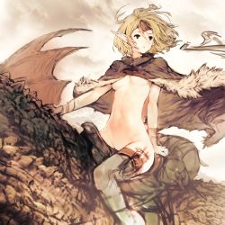 Rule 34 | 1girl, blonde hair, boots, bottomless, breasts, cape, cloak, cristian penas, dragon, elf, groin, naked cloak, navel, original, pointy ears, riding, saddle, short hair, sketch, small breasts, solo focus, thigh boots, thighhighs, underboob, unfinished