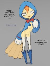 Rule 34 | 1girl, artist name, beak, bird tail, bleach, blue cloak, blue footwear, blush, bottomless, buttons, cleft of venus, cloak, english text, fitletter, full body, furry, furry female, grey background, highres, hood, hood up, hooded cloak, looking at viewer, no pupils, nose blush, orange hair, pussy, ririn, simple background, sleeves past wrists, solo, standing, stuffed animal, stuffed bird, stuffed toy, sweat, tail, thighhighs, white thighhighs