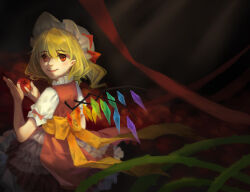Rule 34 | 1girl, apple, back bow, blonde hair, bow, closed mouth, dark background, flandre scarlet, food, frilled skirt, frills, fruit, hat, highres, holding, holding food, holding fruit, light smile, looking at viewer, looking back, mob cap, nail polish, pointy ears, puffy short sleeves, puffy sleeves, red apple, red eyes, red nails, red ribbon, red skirt, red vest, ribbon, shirt, short sleeves, skirt, solo, thorx, too many, touhou, vest, white hat, white shirt, yellow bow
