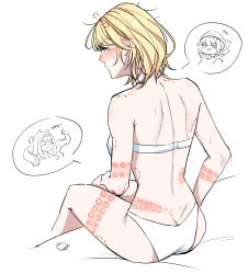 Rule 34 | 1girl, :p, ass, bite mark, blonde hair, blue eyes, blush, bra, butt crack, cropped legs, from behind, gawr gura, hair ornament, highres, hololive, hololive english, holomyth, ninomae ina&#039;nis, notziegler, panties, shoulder blades, speech bubble, sweat, tentacle hair, tongue, tongue out, underwear, underwear only, unworn hair ornament, virtual youtuber, watson amelia, white background, white bra, white panties