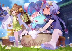 Rule 34 | &gt; &lt;, 2girls, :d, bell, blue shorts, blue sky, braid, braided hair rings, brown eyes, brown hair, child, closed eyes, cloud, commentary request, day, dress, feet, flower, genshin impact, green dress, hair bell, hair ornament, hair ribbon, hair rings, highres, jingle bell, long hair, long sleeves, multiple girls, no shoes, open mouth, outdoors, pantyhose, purple hair, purple shirt, qiqi (genshin impact), red eyes, red ribbon, ribbon, shirt, short shorts, short sleeves, shorts, single braid, sitting, sky, smile, soap bubbles, soles, sponge, standing, standing on one leg, tsubasa tsubasa, twin braids, twintails, very long hair, washing, white flower, white legwear, wide sleeves, yaoyao (genshin impact)