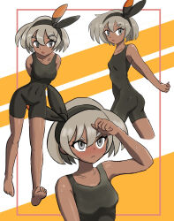 Rule 34 | 1girl, abs, armpits, arms behind back, artist request, ass, bare shoulders, barefoot, bea (pokemon), black bodysuit, blush, bodysuit, breasts, collarbone, covered navel, creatures (company), dark-skinned female, dark skin, eyebrows, eyelashes, feet, female focus, from side, full body, game freak, grey eyes, gym leader, hair between eyes, hair ornament, hair ribbon, hand up, highres, hot, legs, looking at viewer, looking to the side, looking up, matching hair/eyes, medium hair, multiple views, neck, nintendo, own hands together, pokemon, pokemon swsh, ribbon, shiny clothes, shiny skin, sidelocks, silver hair, skin tight, sleeveless, sleeveless bodysuit, small breasts, soles, sweat, sweatdrop, thighs, tight clothes, toes, two-tone background, unworn clothes, walking