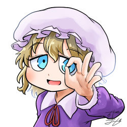 Rule 34 | 1girl, profile picture, blonde hair, blue eyes, chamaji, collared dress, commentary, dress, hat, long sleeves, looking at viewer, lowres, maribel hearn, mob cap, neck ribbon, ok sign, ok sign over eye, open mouth, purple dress, red ribbon, ribbon, short hair, signature, smile, solo, touhou, upper body, white background