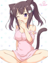 Rule 34 | 1girl, ;o, animal ears, bare shoulders, blush, bow, breasts, brown hair, cat ears, cat girl, cat hair ornament, cat tail, cleavage, collarbone, commentary request, crossed ankles, fang, hair ornament, hairclip, hand to own mouth, hand up, head tilt, kaiware-san, long hair, medium breasts, one eye closed, open mouth, original, pink bow, pink shirt, polka dot, polka dot background, purple eyes, shirt, signature, sitting, sleepy, solo, strap slip, tail, twintails, white background, yawning