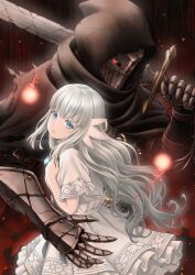 Rule 34 | 1boy, 1girl, armor, blue eyes, cloak, dress, ender lilies quietus of the knights, full armor, grey hair, highres, holding, holding sword, holding weapon, hood, hooded cloak, jewelry, knight, lily (ender lilies), long hair, looking at viewer, masatoshi 1219, multiple girls, necklace, over shoulder, parted lips, pendant, red eyes, spirit, sword, sword over shoulder, umbral knight (ender lilies), weapon, weapon over shoulder, white dress