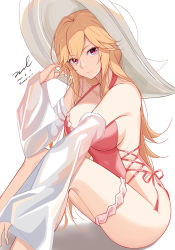 Rule 34 | 1girl, azur lane, bare shoulders, blonde hair, breasts, bridal garter, cross-laced clothes, cross-laced one-piece swimsuit, detached sleeves, halterneck, hand up, hat, knees up, large breasts, long hair, long sleeves, looking at viewer, one-piece swimsuit, pink one-piece swimsuit, red eyes, richelieu (azur lane), richelieu (fleuron of the waves) (azur lane), sideless outfit, signature, simple background, sitting, smile, solo, sun hat, swimsuit, thighs, unel, white background, white hat